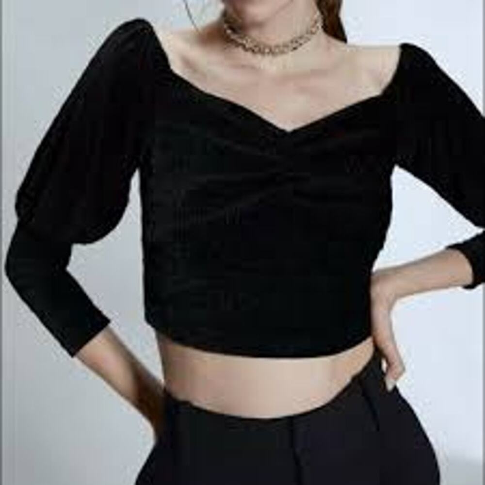 Zara Black Velour Sweetheart Puff Sleeve Crop Neutral Size S